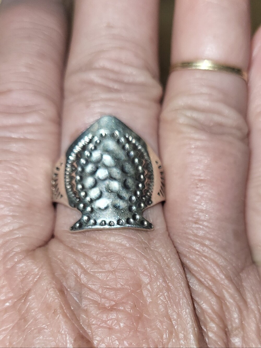 Vintage Hammered 925 Sterling Silver Statement Ring - Beaded Dome Design